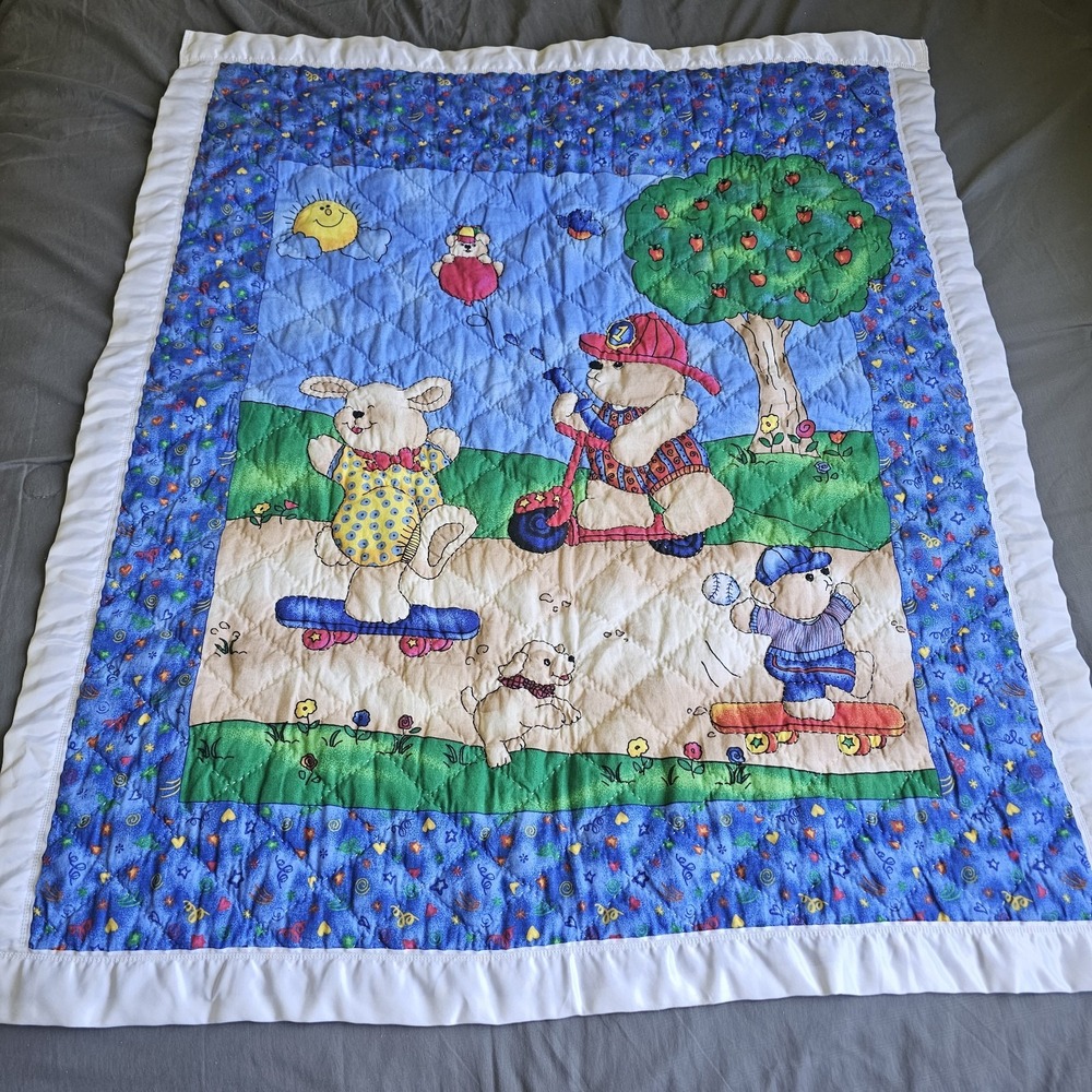 Quilted Baby Blanket Animals Skateboarding Scooter Blue Satin Trim 41X35 Blue